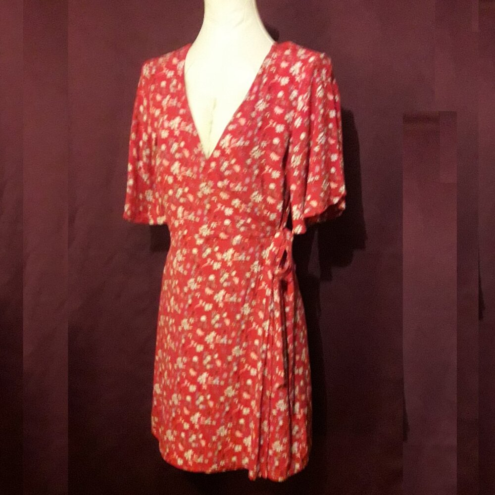 Sanctuary Pink Faux Wrap Floral Print Flutter Sleeve Boho Summer Dress Small